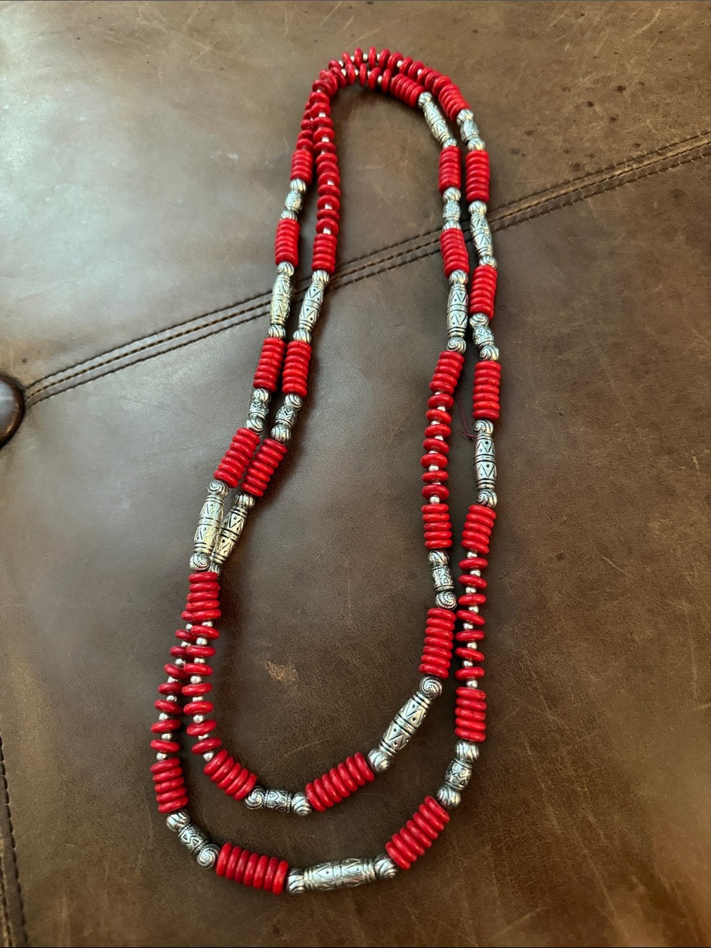 Red Beaded Extra Long Necklace with Silver Accent Beads